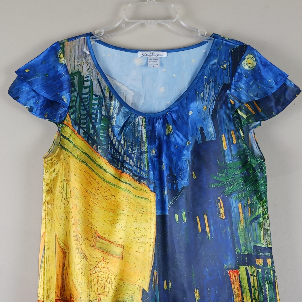 GALLERIA ENTERPRISE| Artsy City Cafe Print Slip Dress Lightweight Size Large - Picture 3 of 10